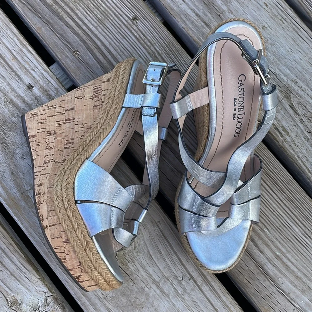 Metallic Silver Wedge Sandals - Women